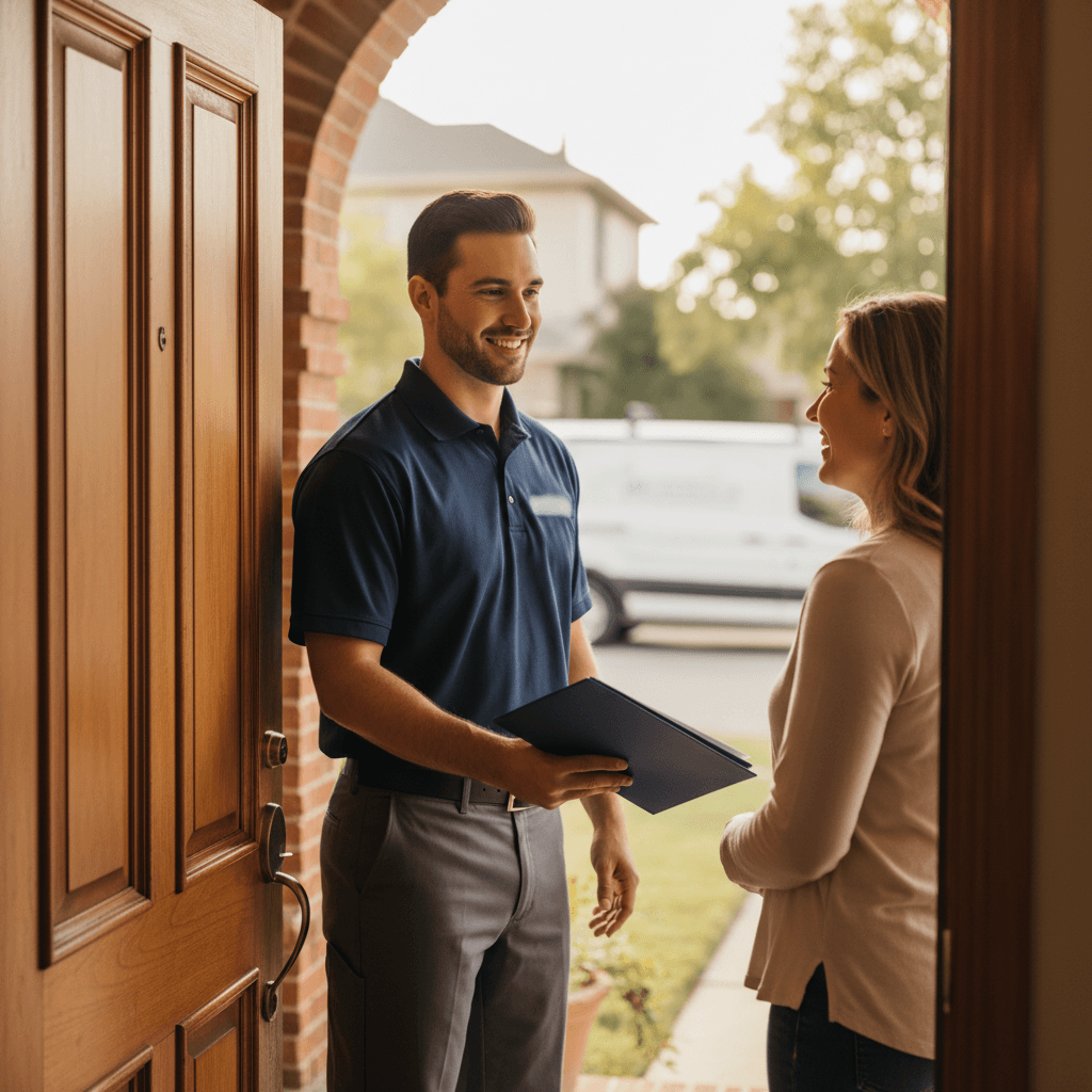 HVAC technician greeting homeowner for residential service appointment