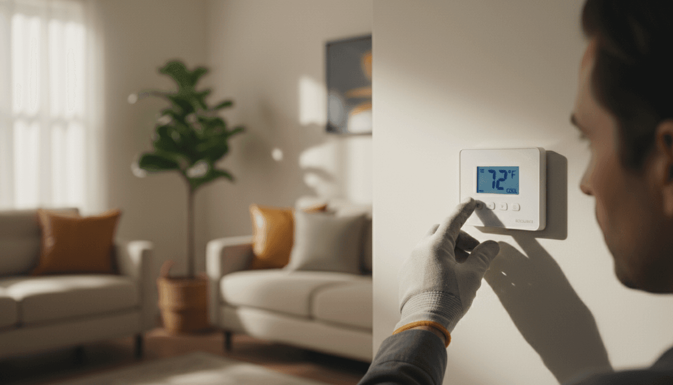 HVAC technician adjusting home thermostat