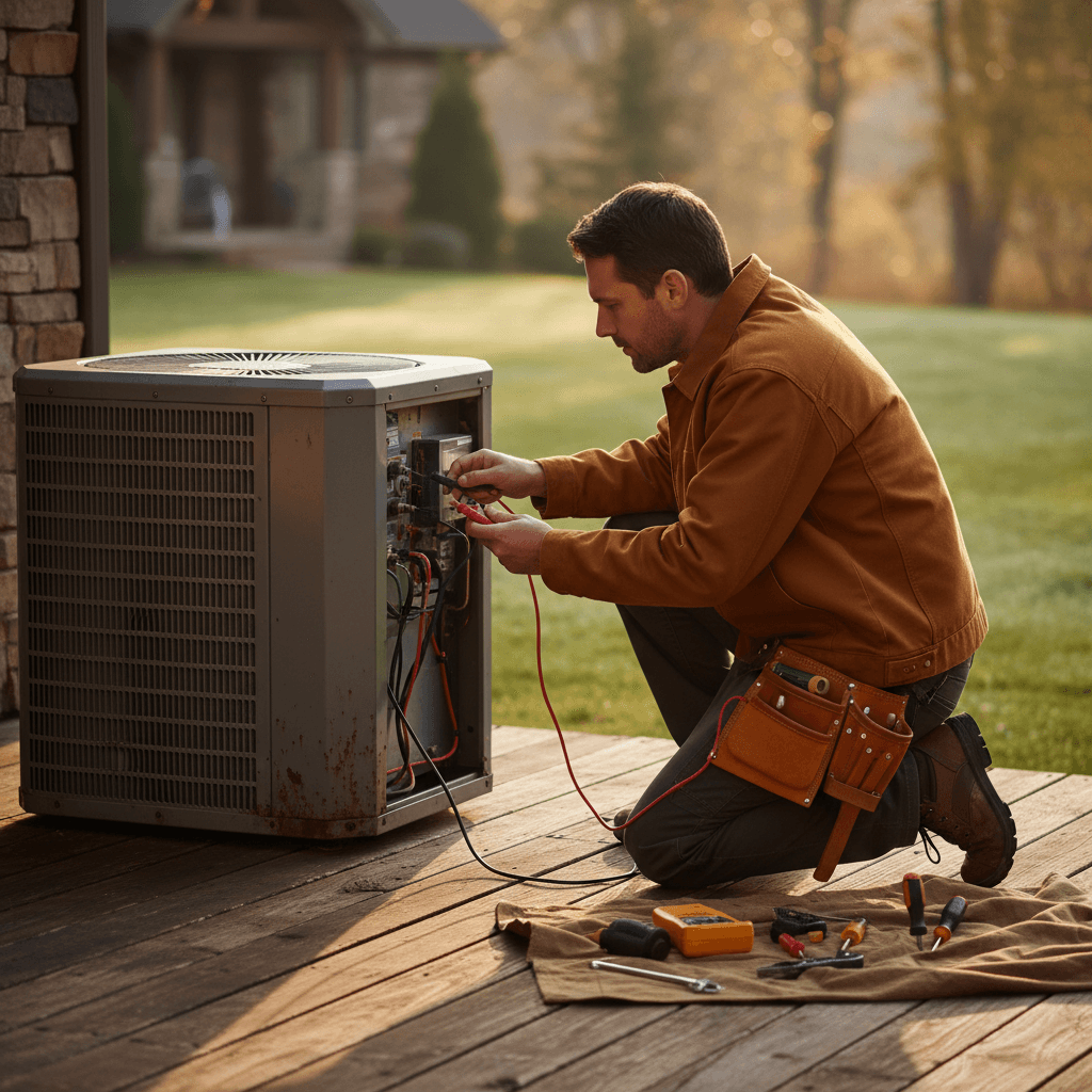 HVAC technician performing emergency diagnostics on outdoor unit