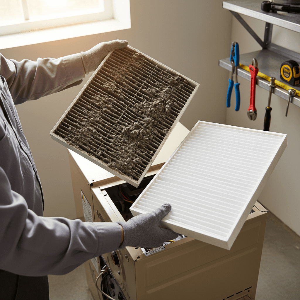 Technician replacing furnace filter during routine maintenance