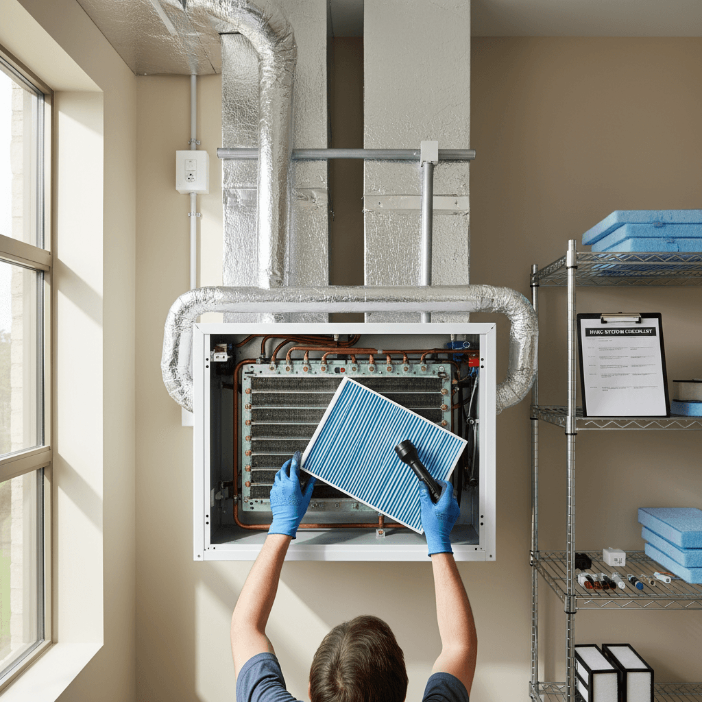 HVAC technician performing regular system maintenance and filter replacement