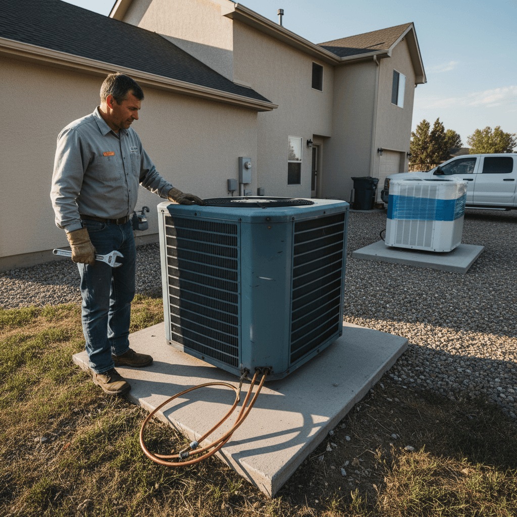 HVAC technician removing old air conditioning unit before replacement installation