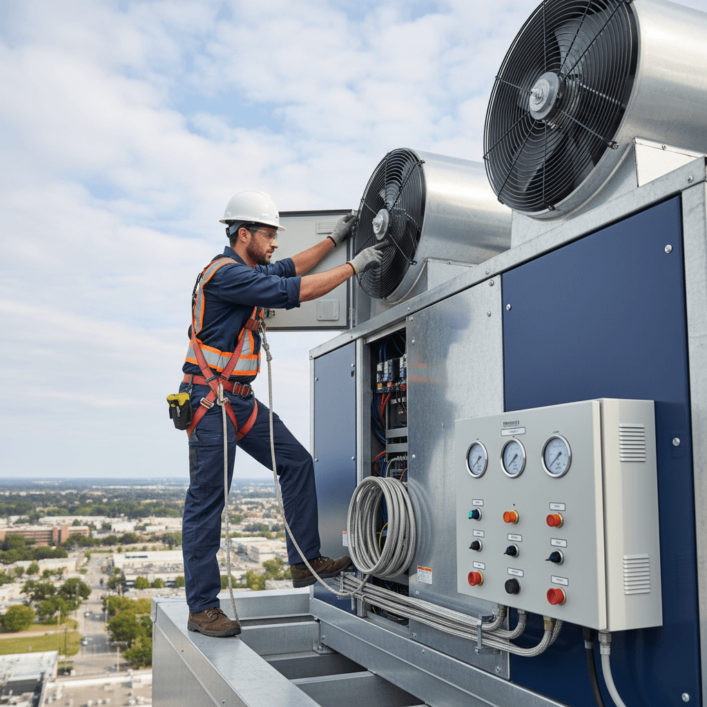 HVAC technician servicing commercial rooftop air conditioning system