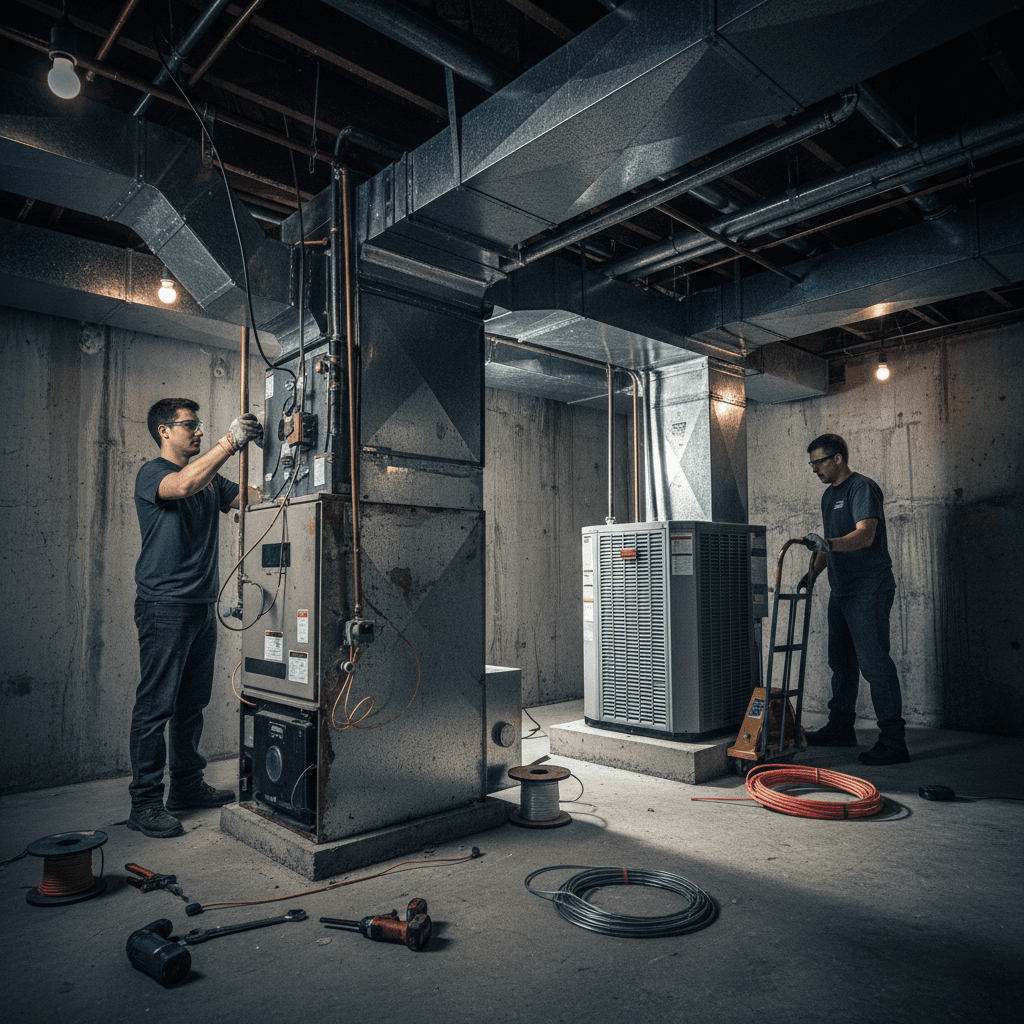 HVAC system replacement from old to new unit installation
