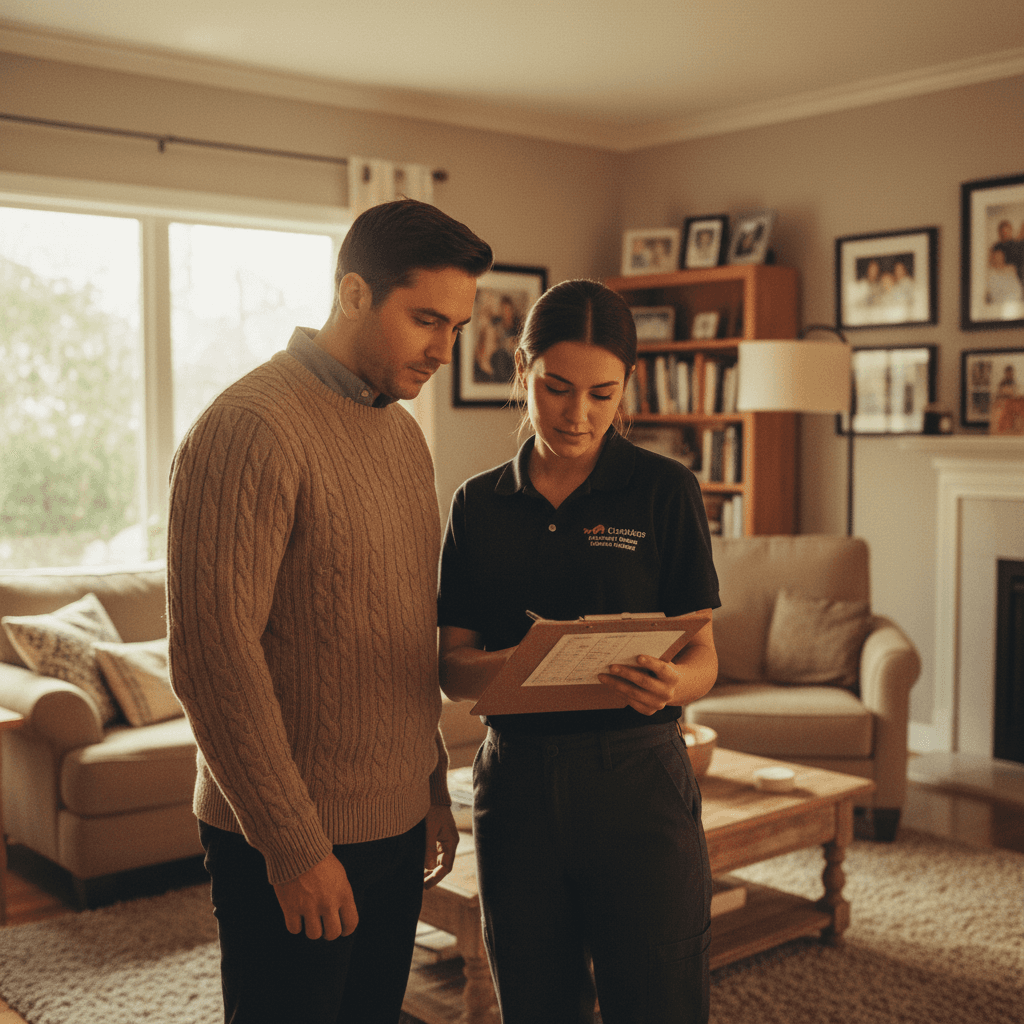 HVAC technician discussing service with residential homeowner