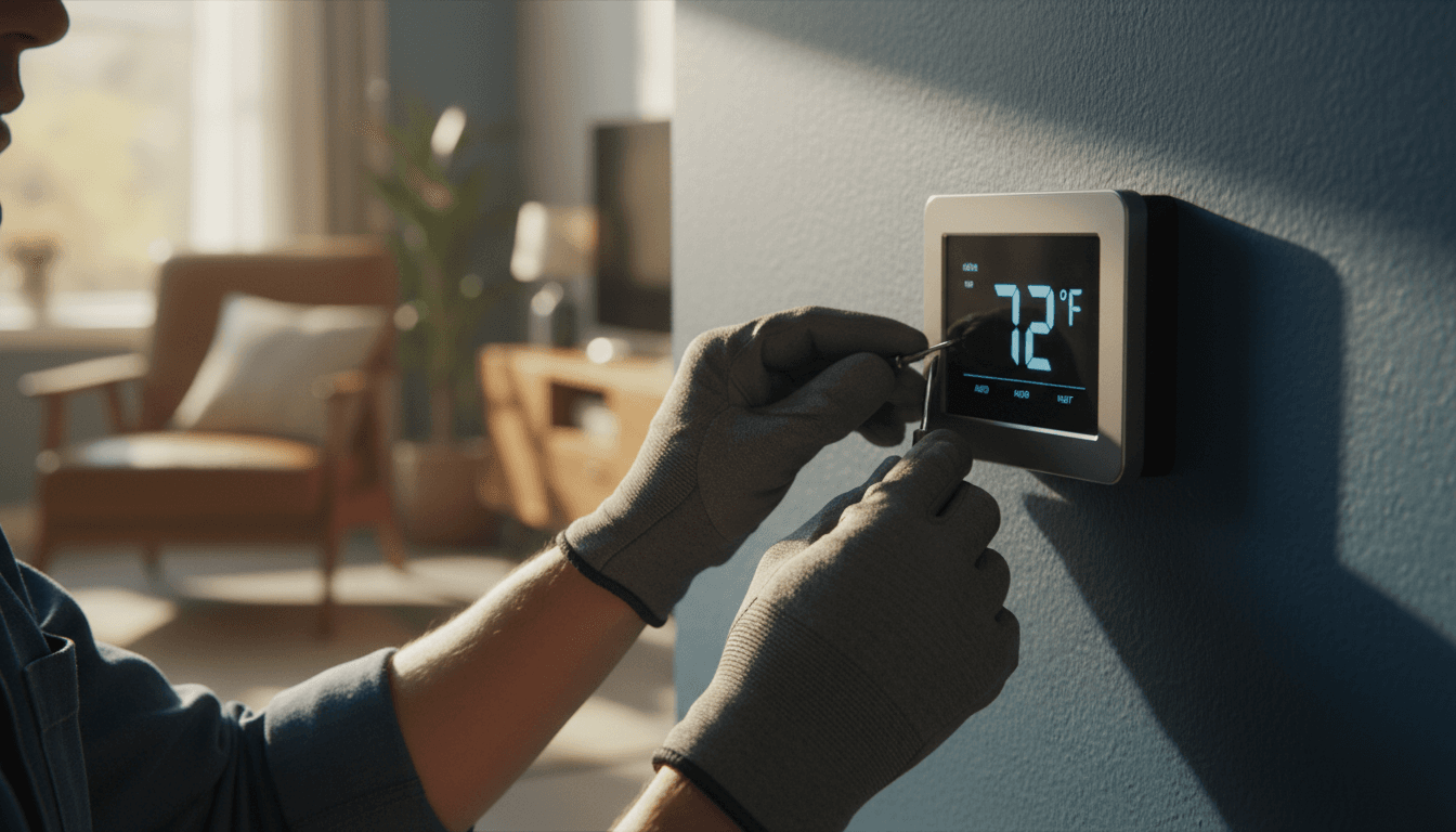 HVAC technician adjusting thermostat settings