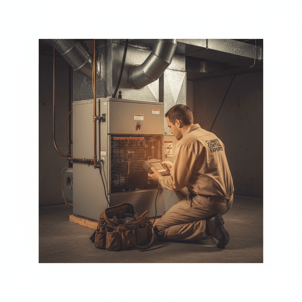 HVAC technician diagnosing a furnace emergency repair
